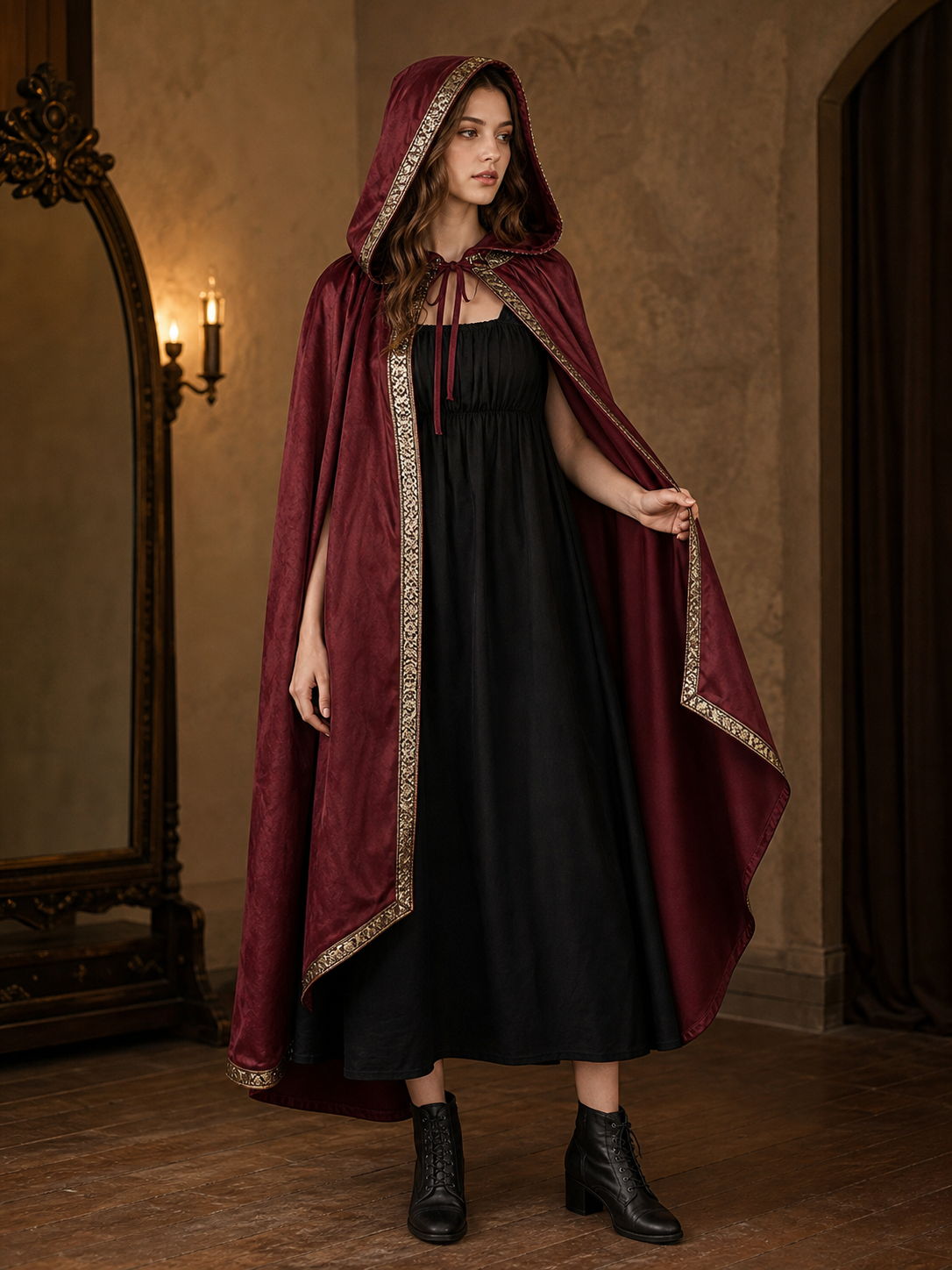 Burgundy velvet-look hooded costume cape product view 52