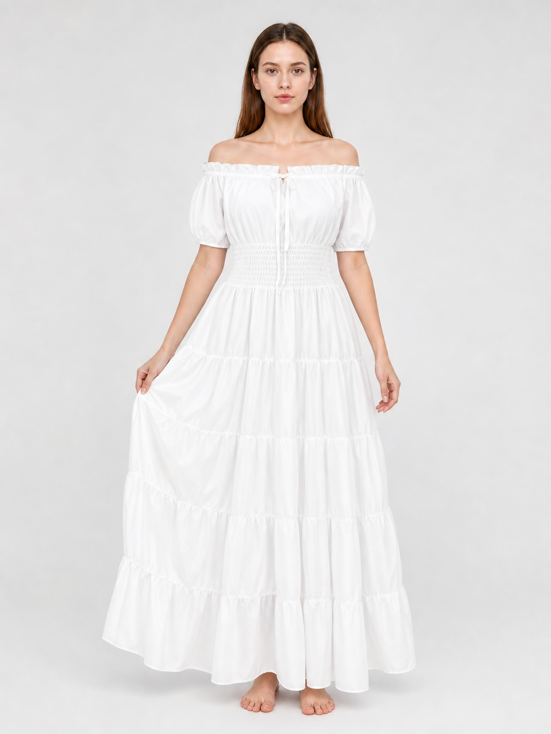 White Off-Shoulder Maxi Dress with Tiered Skirt
