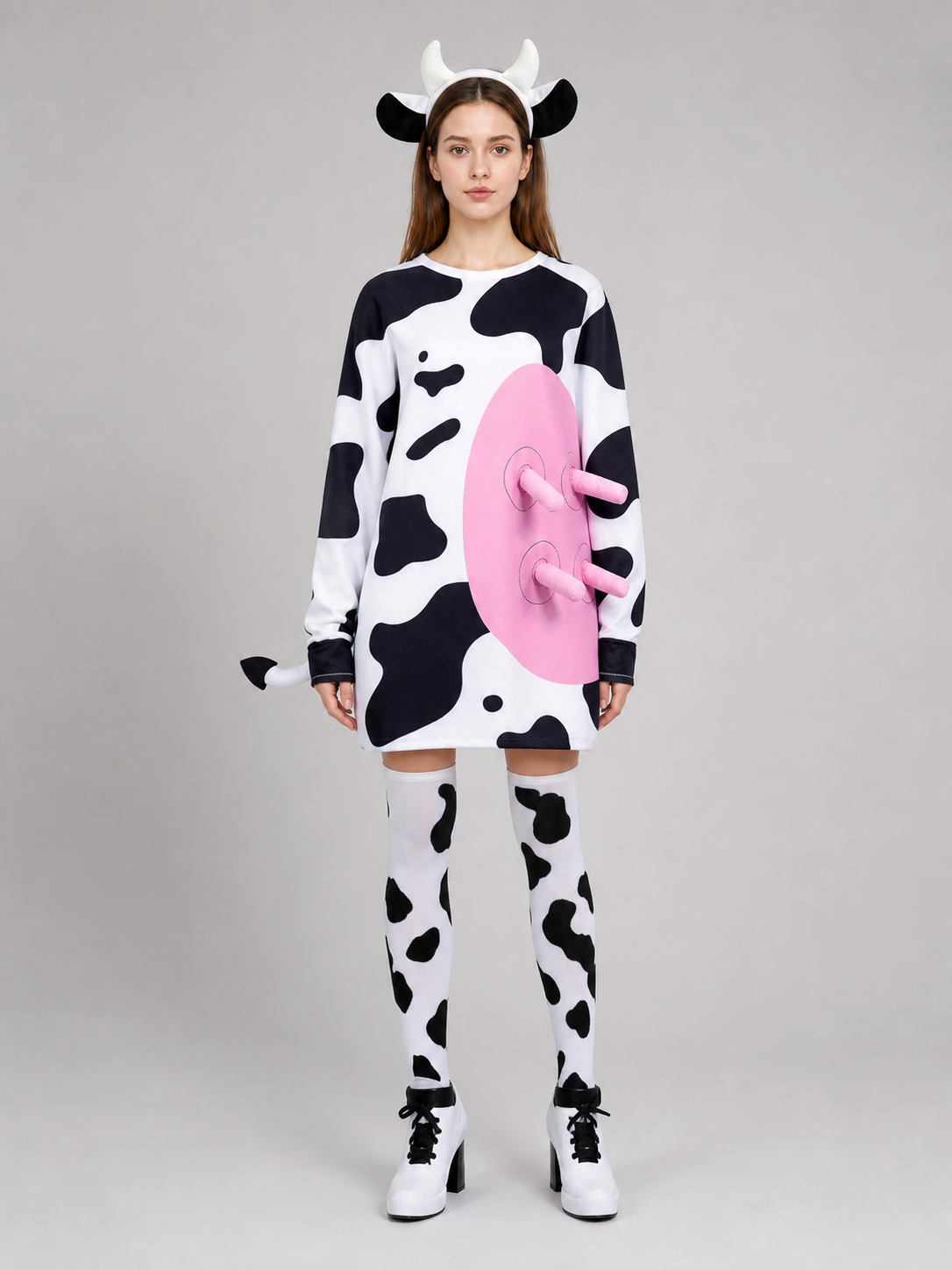 Adult Cow Costume with Headband, Tail, and Leg Warmers