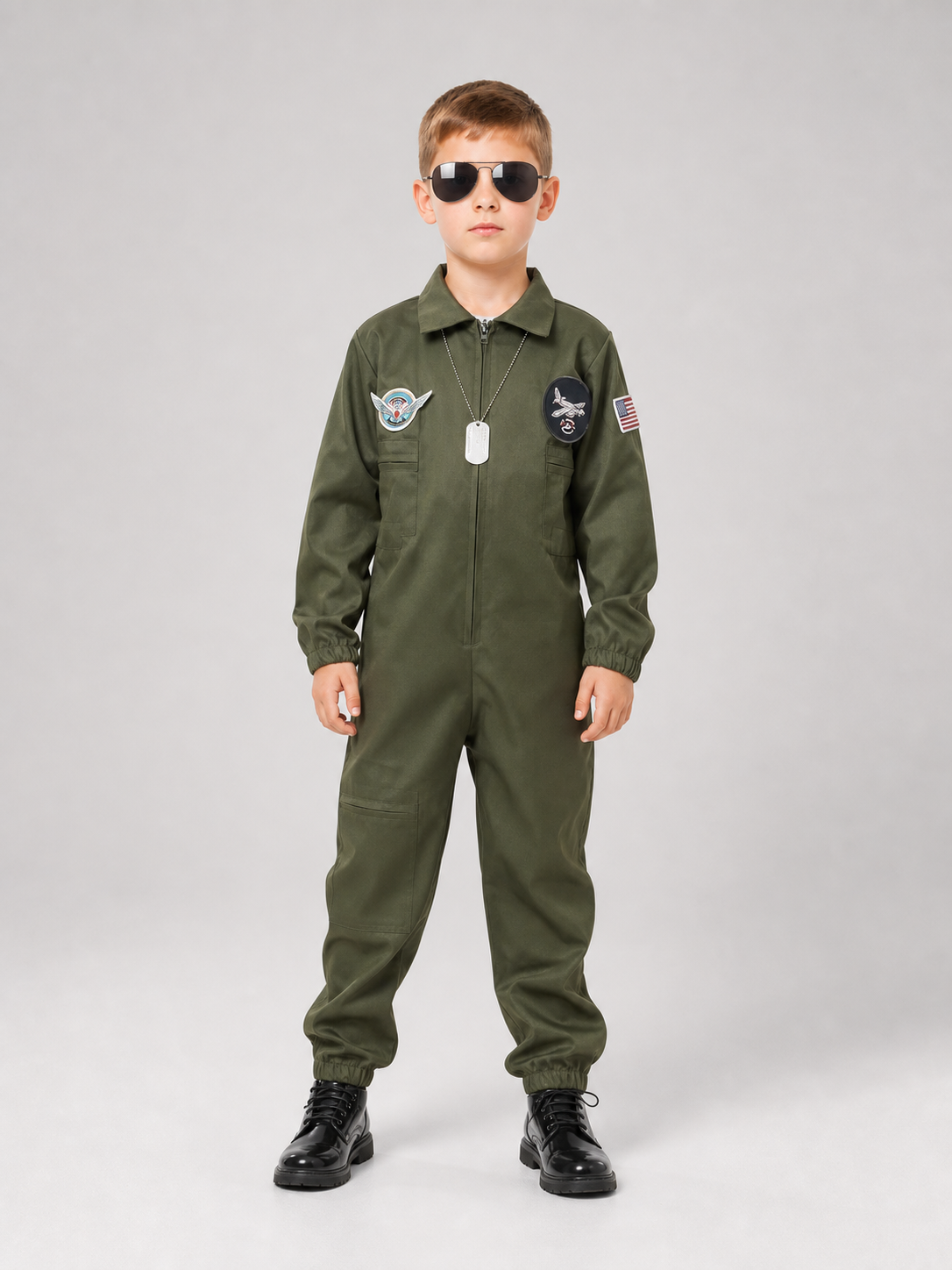 Flight jumpsuit with patches and accessories