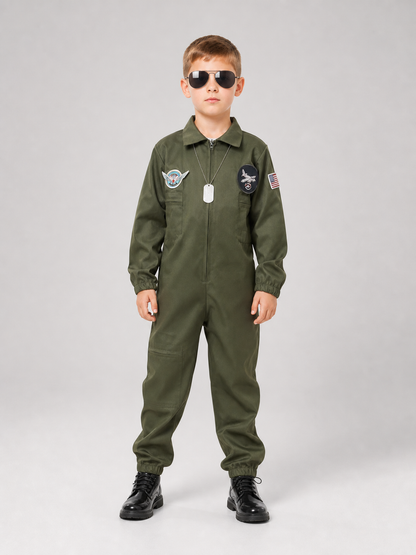 Flight jumpsuit with patches and accessories