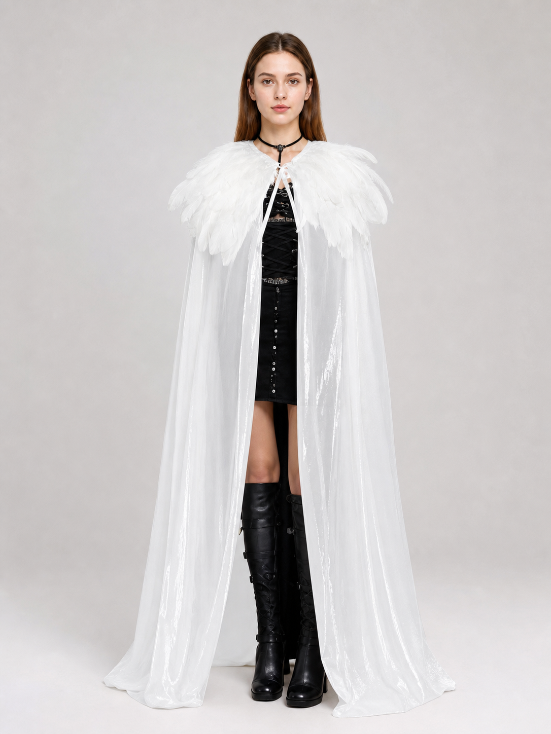 White Velvet Cape with Feather Trim, Maxi