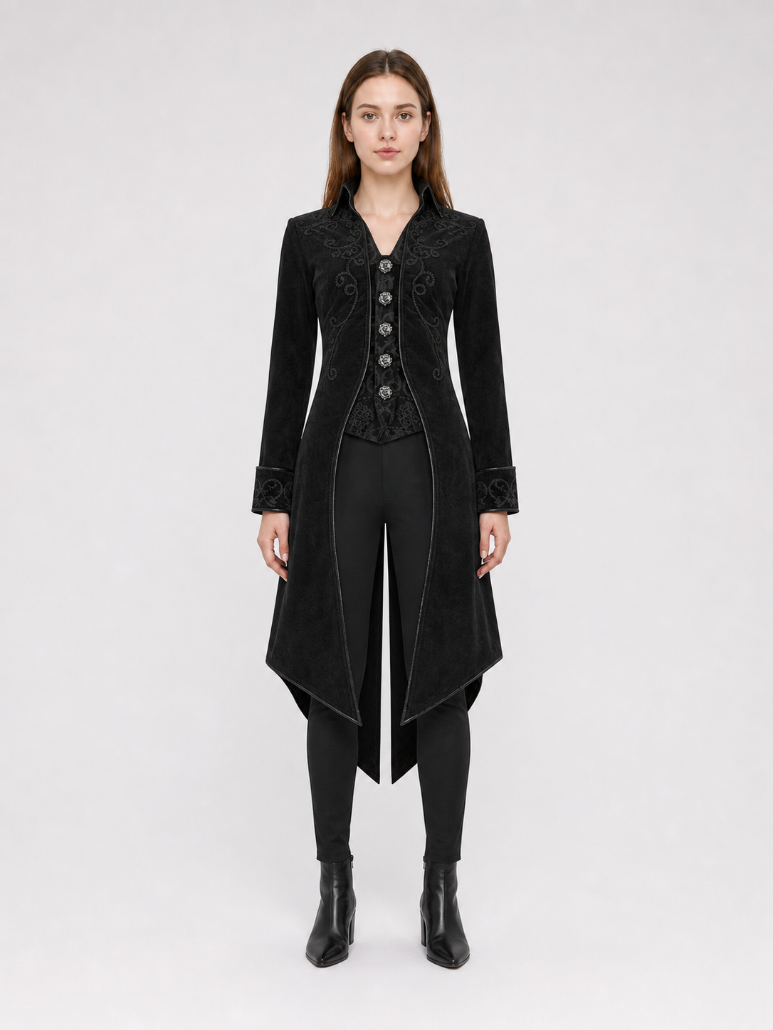 Black embroidered coat with a stand-up collar and pointed tails