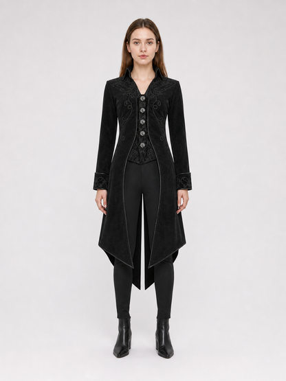 Black embroidered coat with a stand-up collar and pointed tails