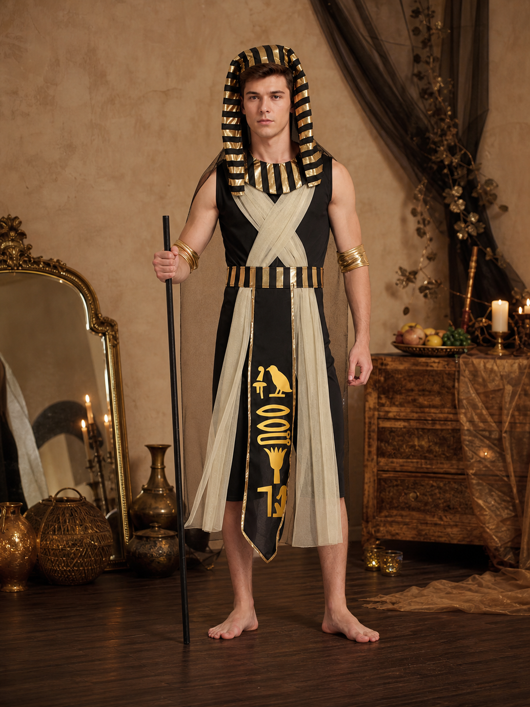 Men’s Egyptian Pharaoh Halloween Costume Set, 4-Piece Role Play Outfit with Headpiece, Neck Ornament and Belt for Cosplay Stage Performance