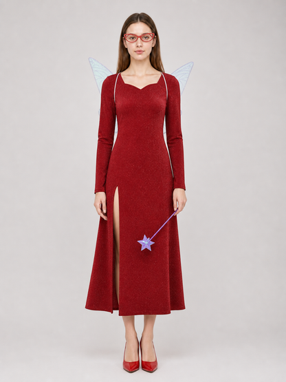 A fairy costume set inspired by a movie character, featuring a long red dress or skirt with a floor-length silhouette, long sleeves, and a straight hem with a front slit, plus accessories to complete the look: semi-transparent butterfly win