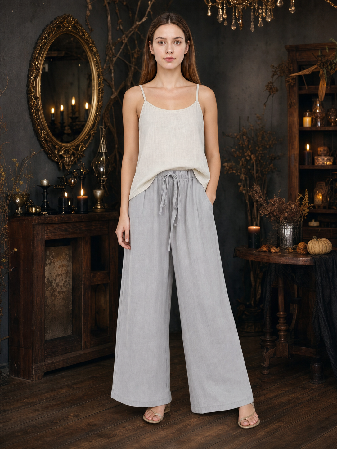 Gray wide-leg jeans with a drawstring and elastic waistband on-model view 2