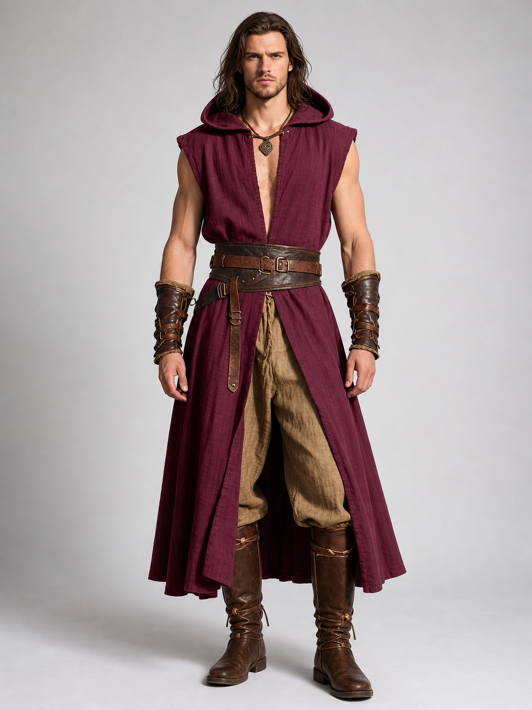 Medieval Hooded Cloak, Wine Red