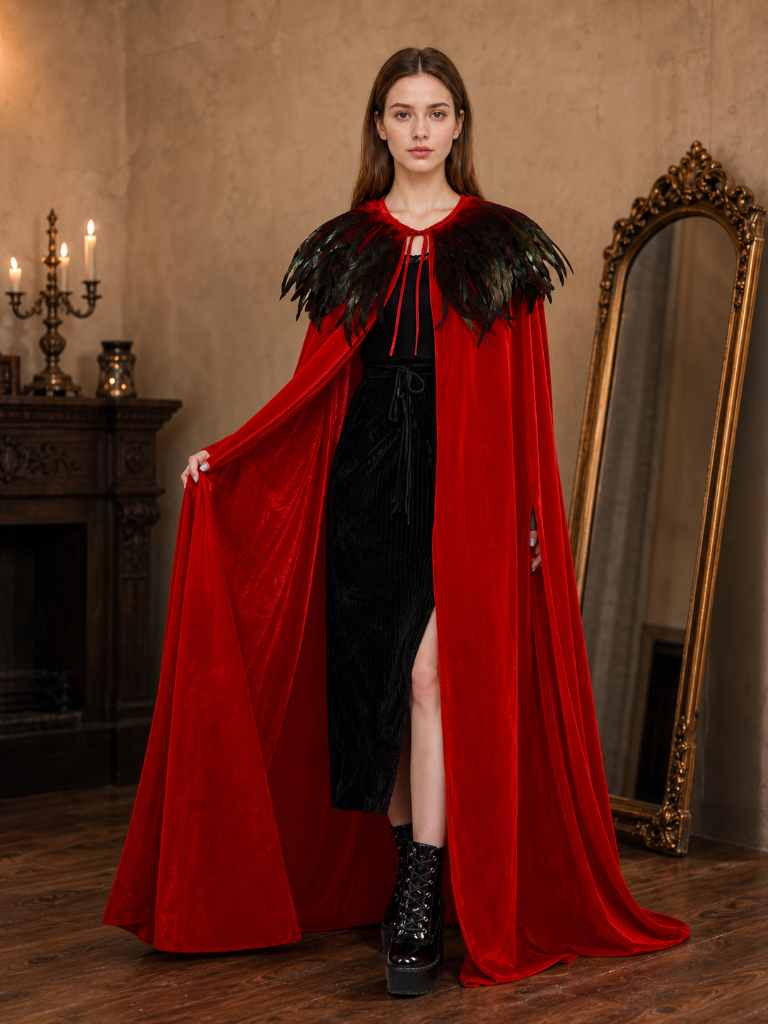 Red Velvet Cape with Feather Trim