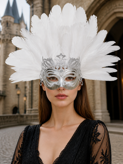 White feather silver masquerade mask product view 24