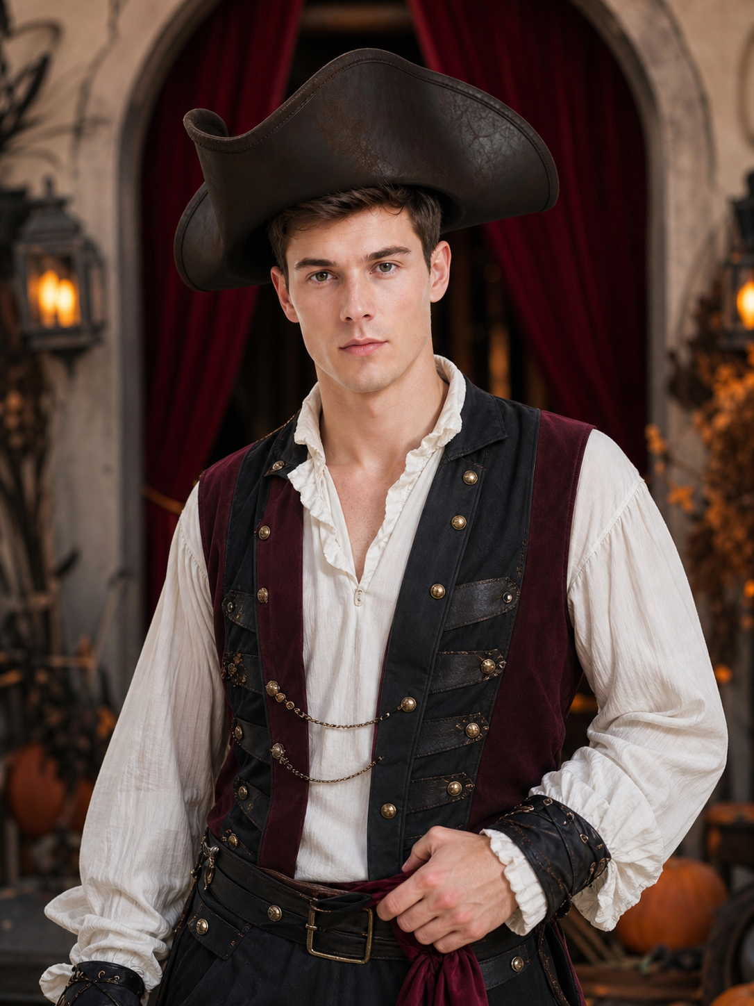 1pc Brown Tricorn Pirate Hat, Wide Three-Cornered Silhouette with Curled Brim Edges, Leather-Like Costume Accessory for Cosplay and Themed Events