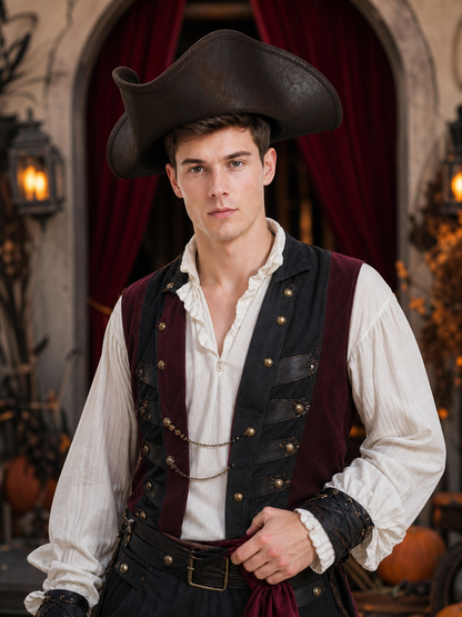 1pc Brown Tricorn Pirate Hat, Wide Three-Cornered Silhouette with Curled Brim Edges, Leather-Like Costume Accessory for Cosplay and Themed Events