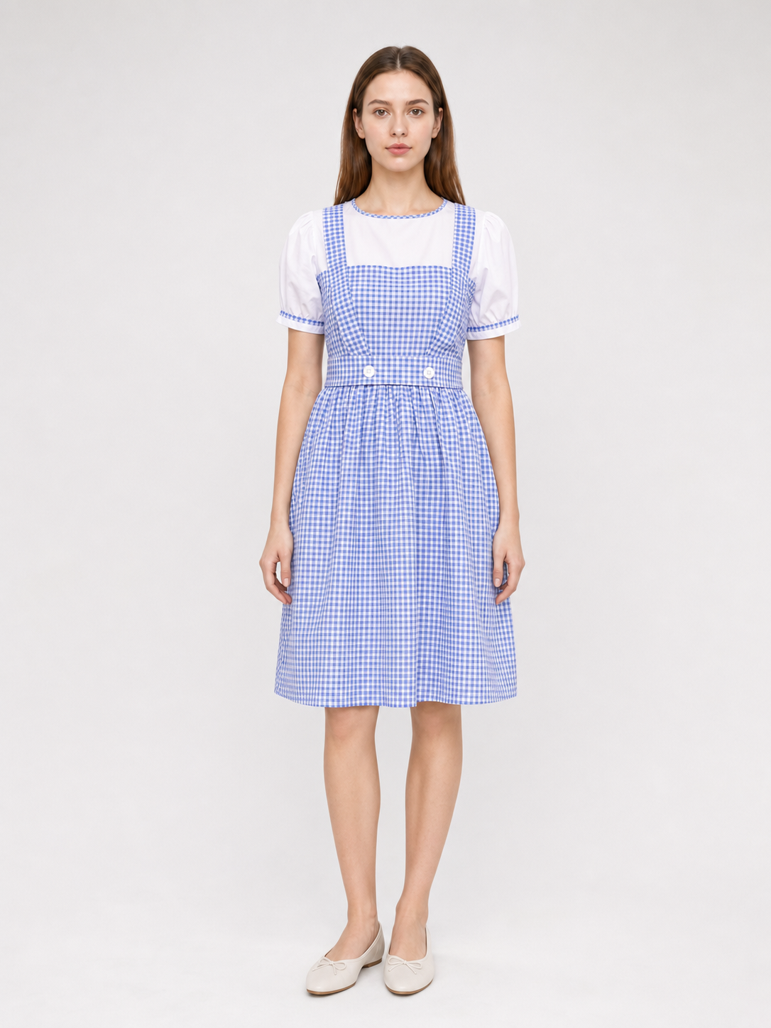 Blue-and-white plaid dress with puff sleeves