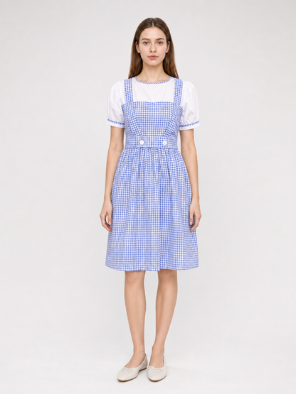 Blue-and-white plaid dress with puff sleeves