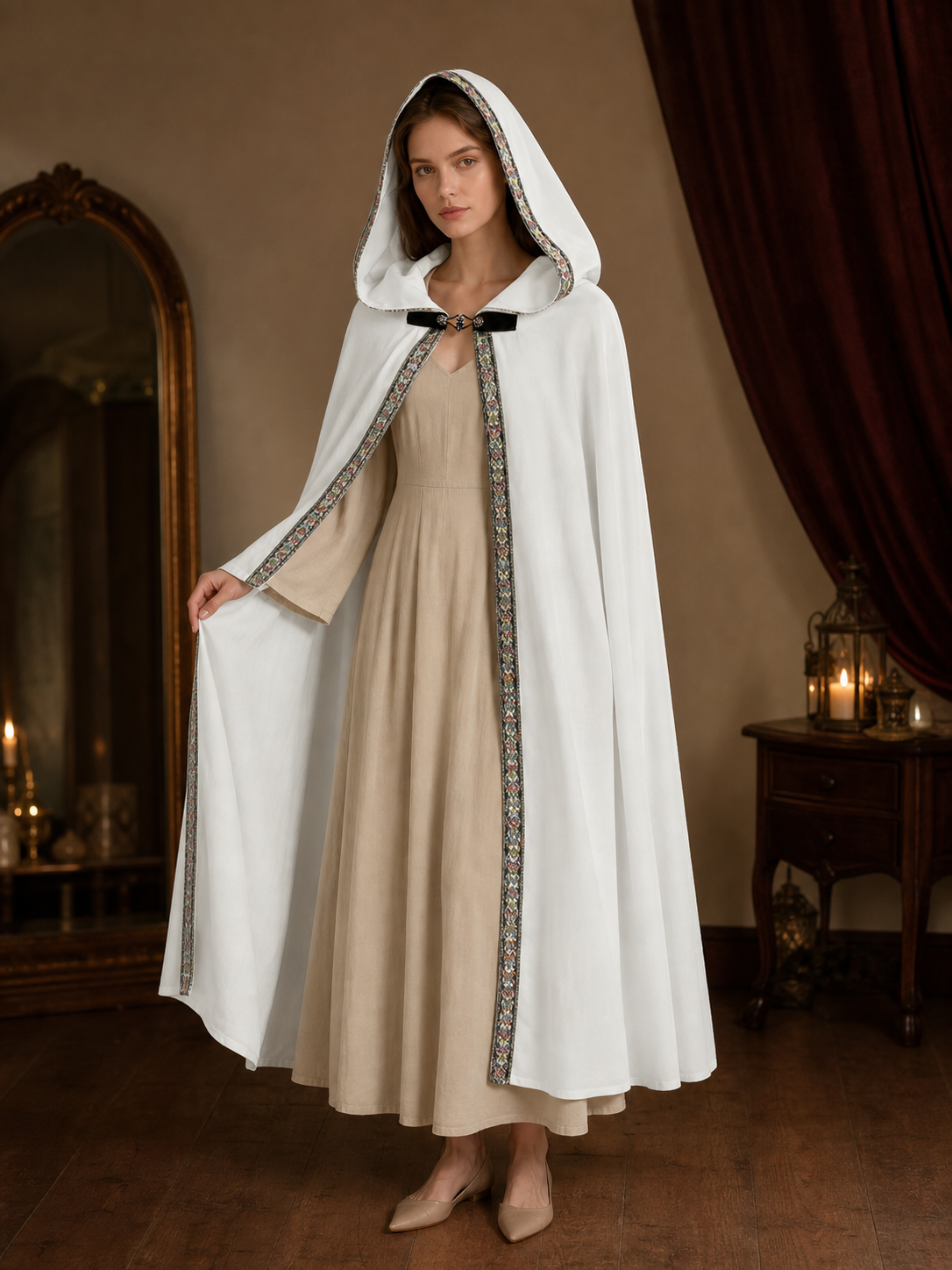 White Medieval Hooded Costume Cloak