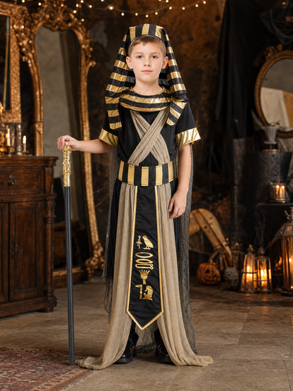 Adult Egyptian Pharaoh Costume Set, 4pcs Robe With Headdress Collar And Waist Belt, Black Gold Cosplay Outfit For Halloween Stage Performance