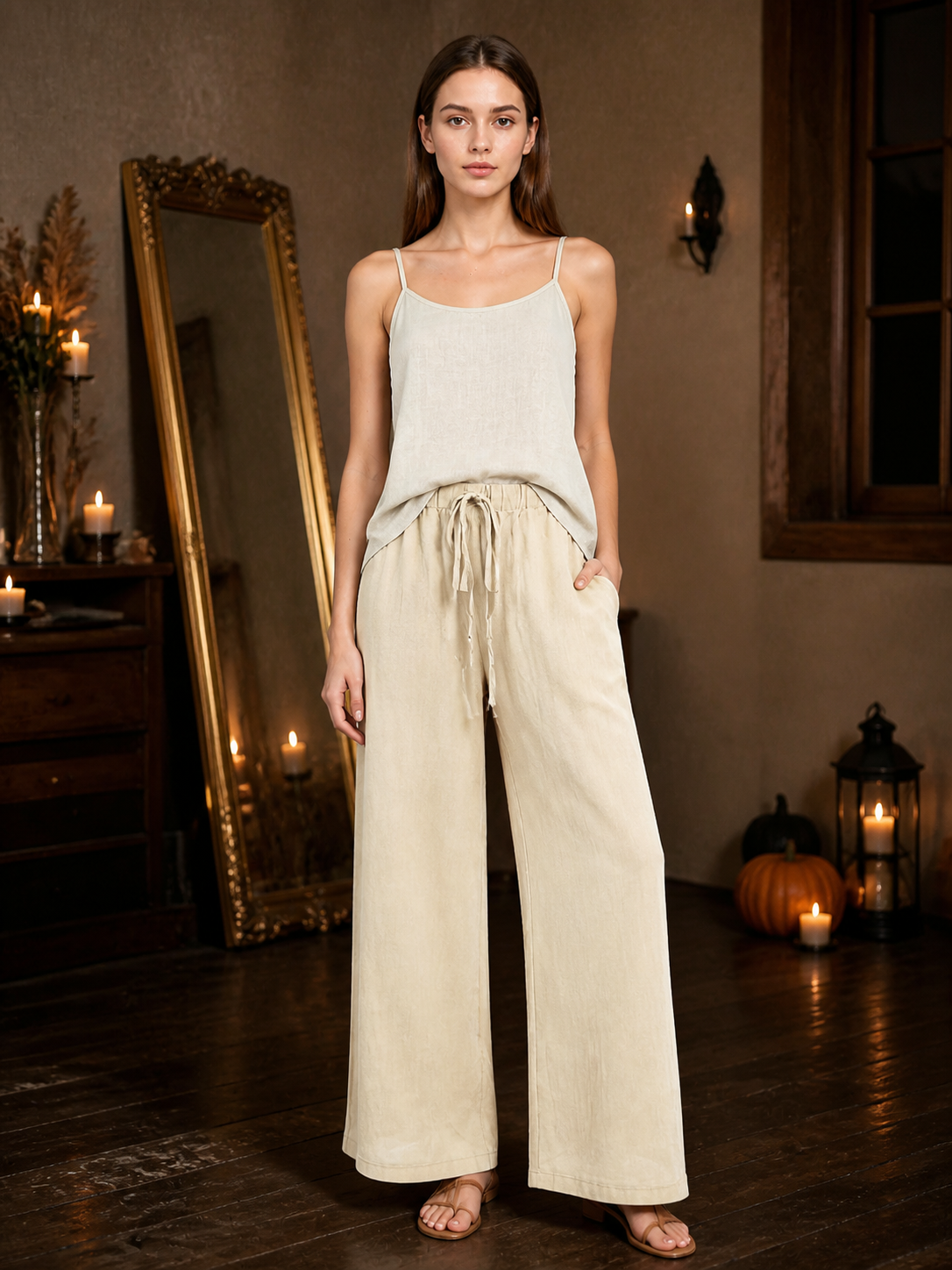 Beige Wide-Leg Pants with an Elastic Waistband and Drawstring on-model view 2
