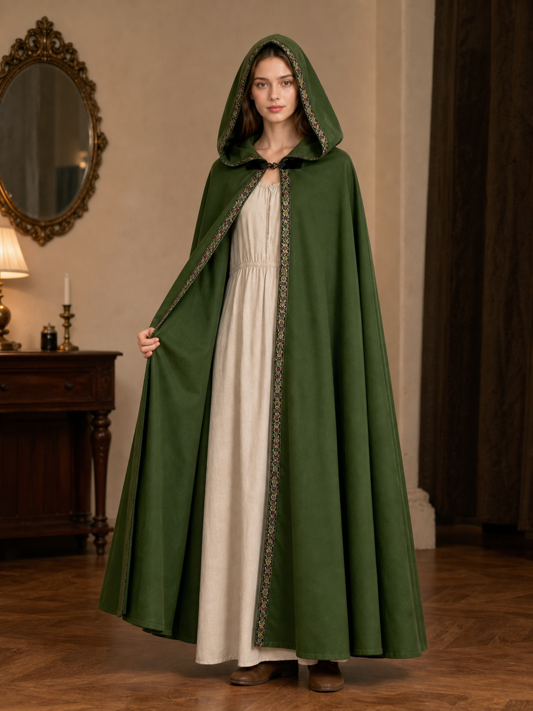 Green Carnival Cloak with Hood and Trim