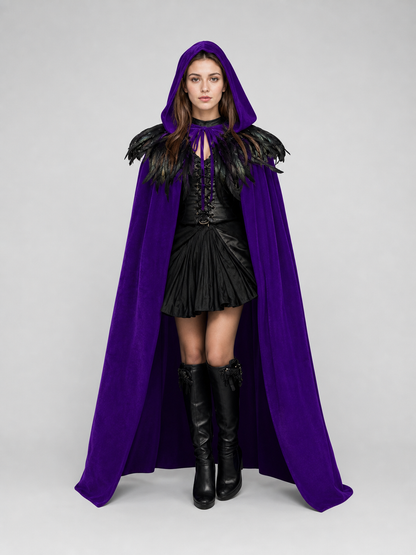 Purple hooded feather-trimmed velvet cape product view 22