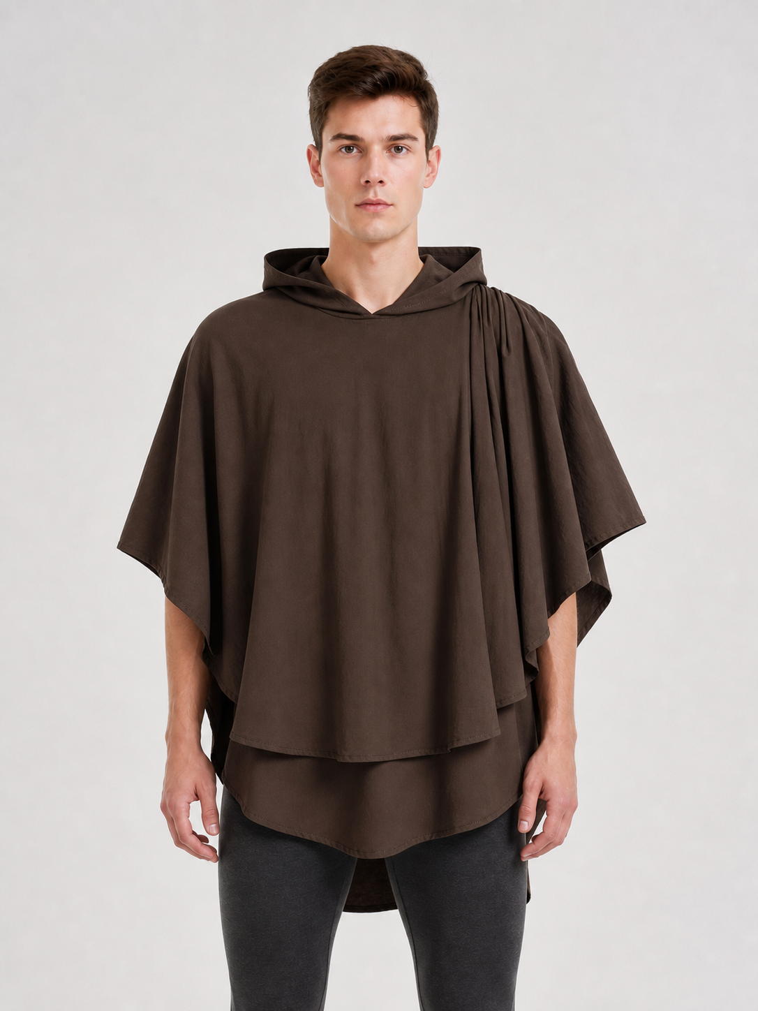 Women's Hooded Wanderer Cloak Costume with Layered Hem, Shoulder Draped Pleats on-model view 2