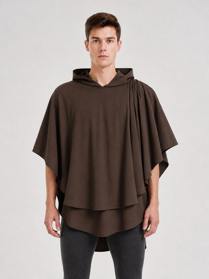 Women's Hooded Wanderer Cloak Costume with Layered Hem, Shoulder Draped Pleats on-model view 2