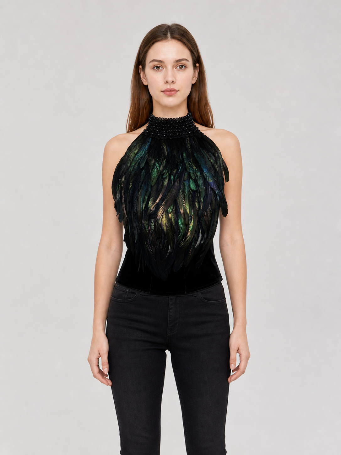 Feathered Halter Top with Beaded Collar