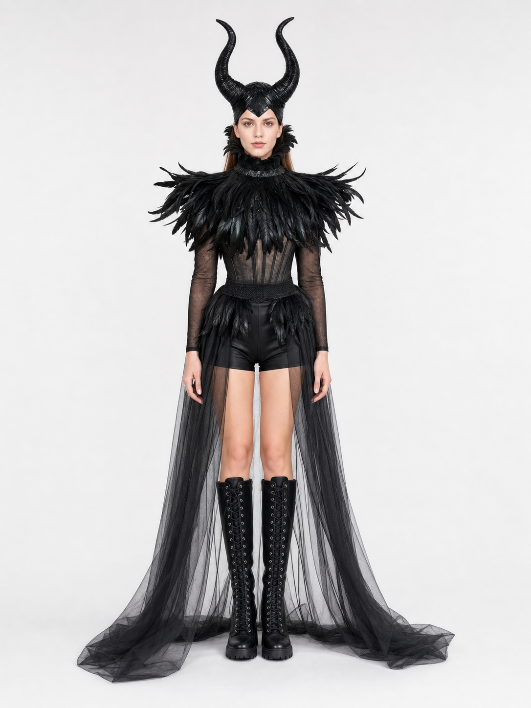 Sheer black mesh skirt with a long train