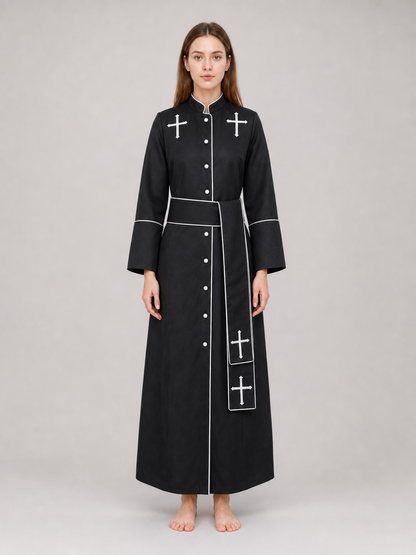 The model is designed in black and styled as a costume for cosplay, Halloween, and masquerades. It is a black cassock with a front featuring white buttons, a stand-up collar, and long sleeves. White crosses are placed on the garment: one is