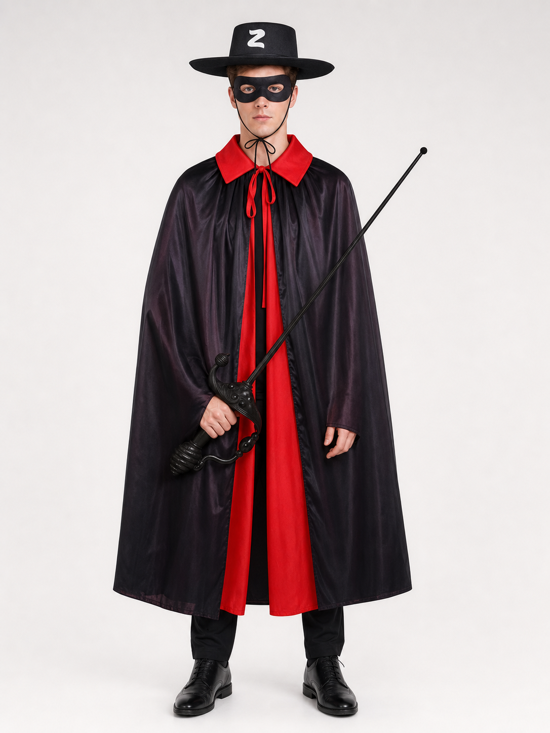 Black and red carnival cloak with hat and mask