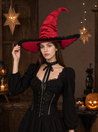 Red and Black Wide Brim Witch Hat, Tall Curved Pointed Top with Black Lace Trim on-model view