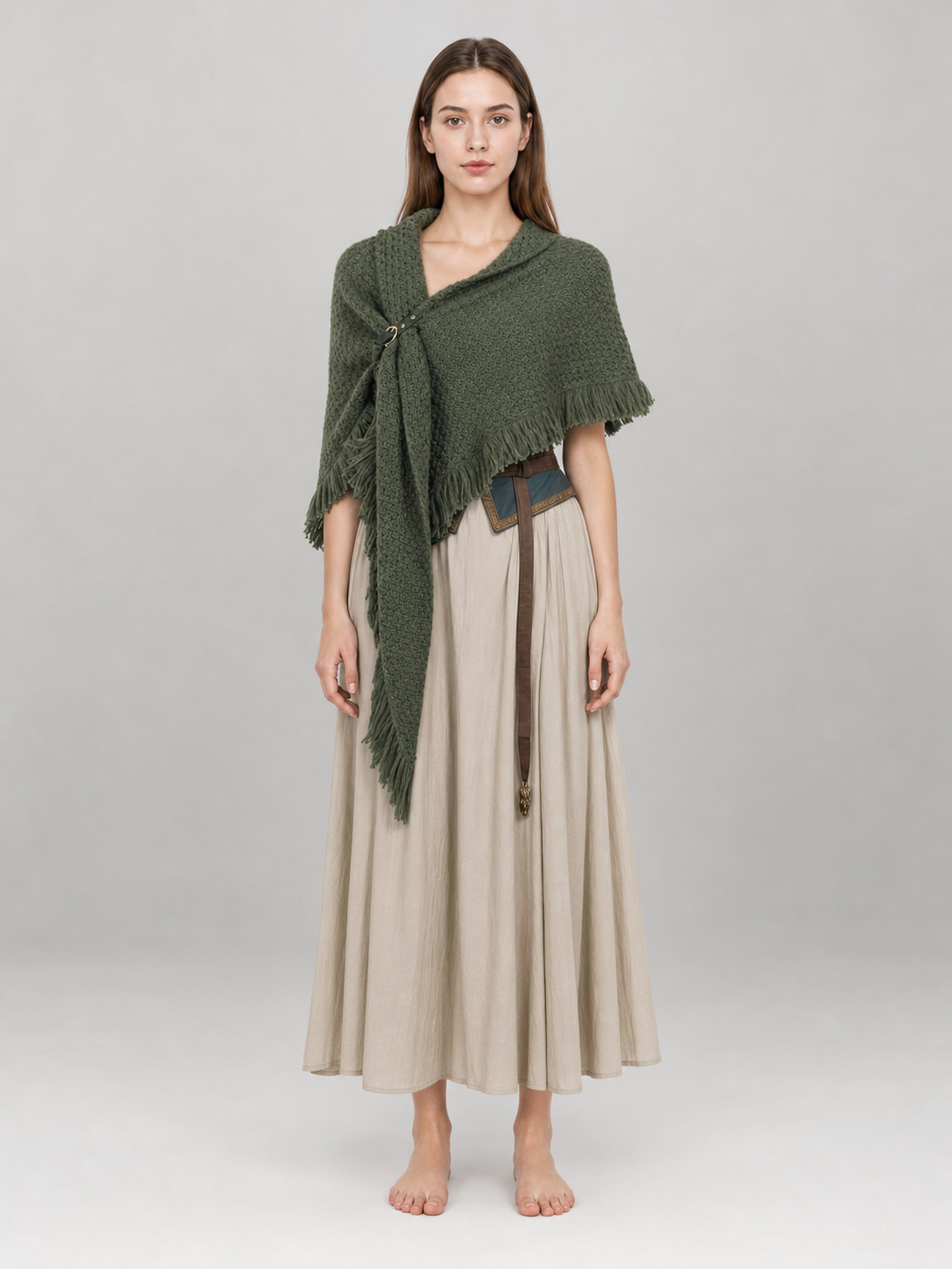 Triangular Wool Shawl with Long Fringe