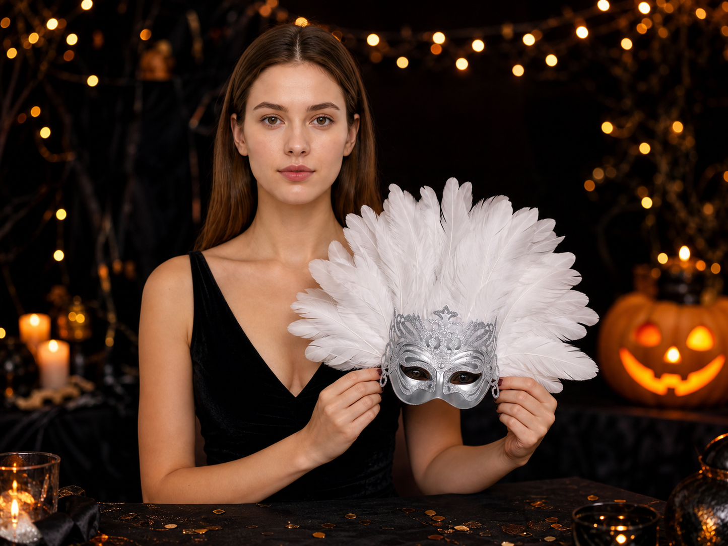 Mask with a white feather headdress and silver decoration