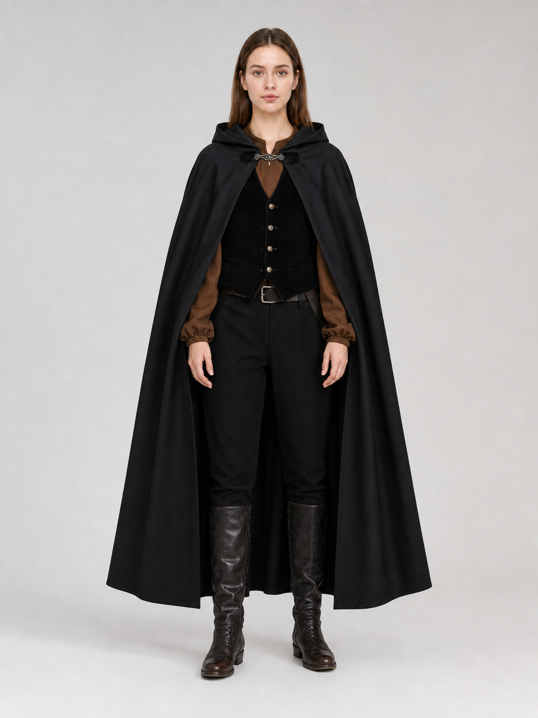 Long black hooded carnival cloak