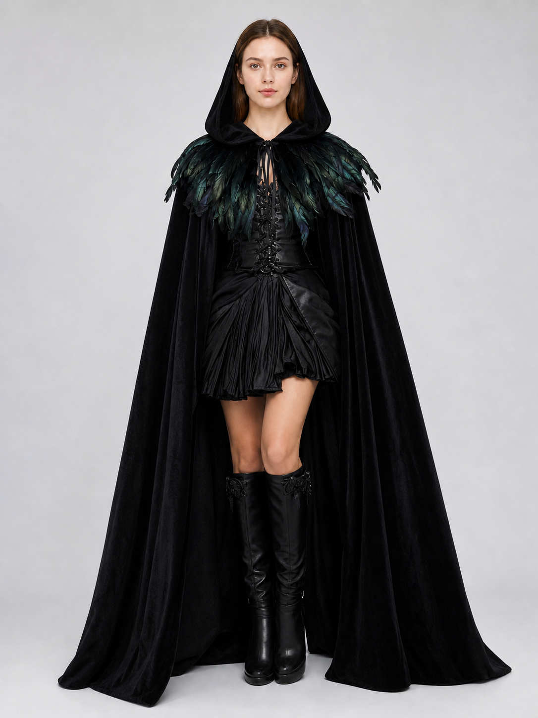 Black Velvet Hooded Cape with Feathers