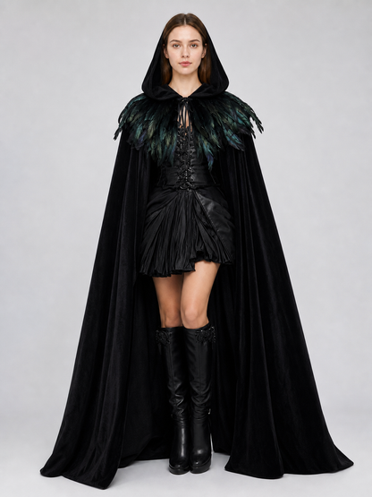 Black Velvet Hooded Cape with Feathers