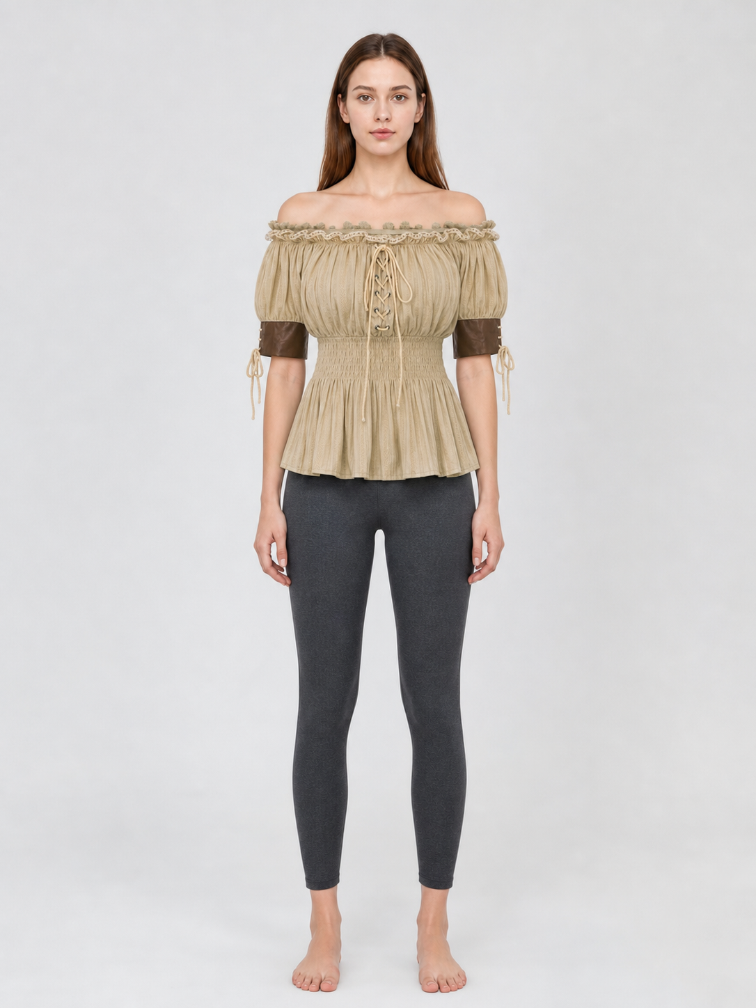 Vintage-Style Peasant Blouse with Lacing and Lace