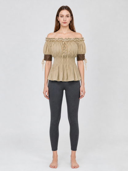 Vintage-Style Peasant Blouse with Lacing and Lace