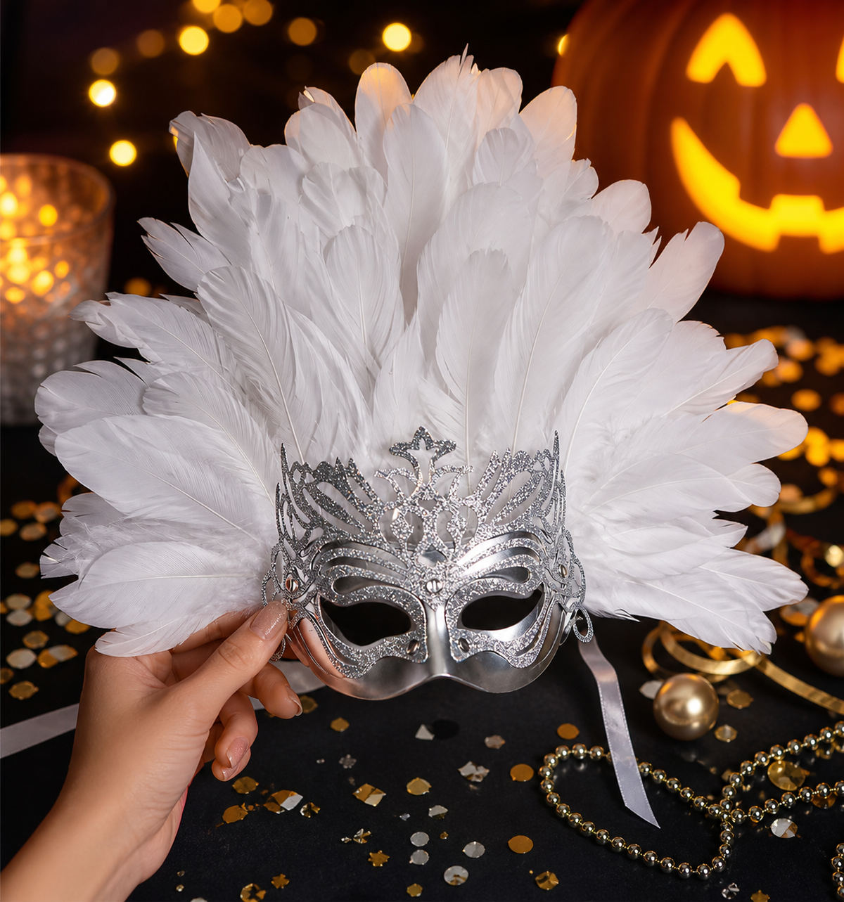 Hand holding the silver feathered eye mask above a decorated table with Halloween lights and a pumpkin