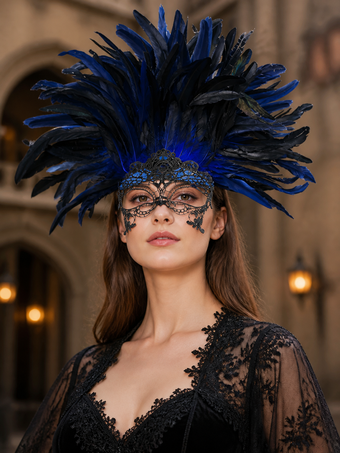 Carnival Headpiece with Blue-and-Black Feathers and Mask on-model view 2