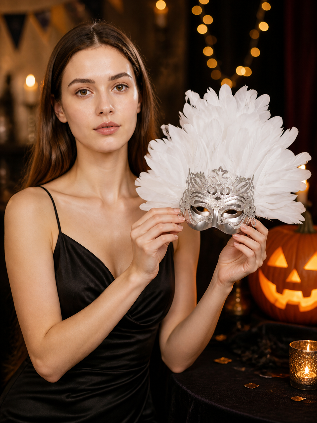 Woman in a black dress holding the silver feathered eye mask beside her face at a decorated party table