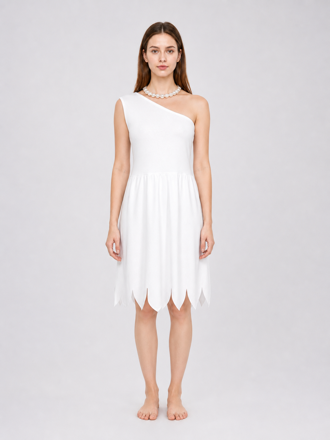 Women's White Cavewoman Costume Dress: One-Shoulder Asymmetric Neckline on-model view 2