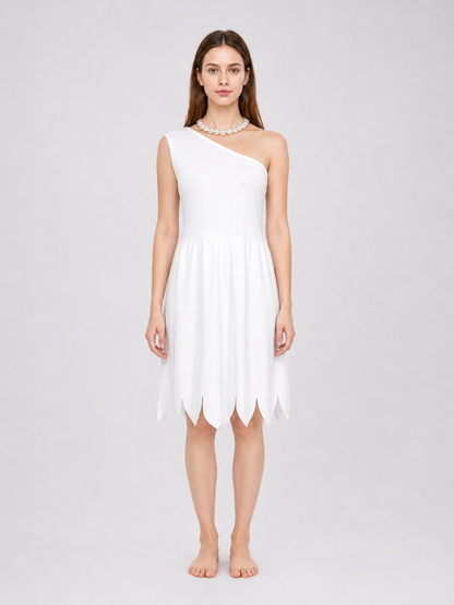 Women's White Cavewoman Costume Dress: One-Shoulder Asymmetric Neckline on-model view 2