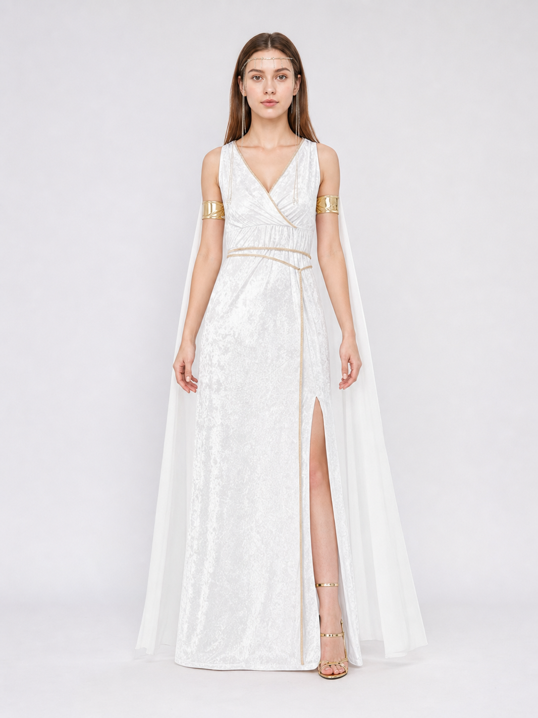 White long Greek-style dress with a high slit
