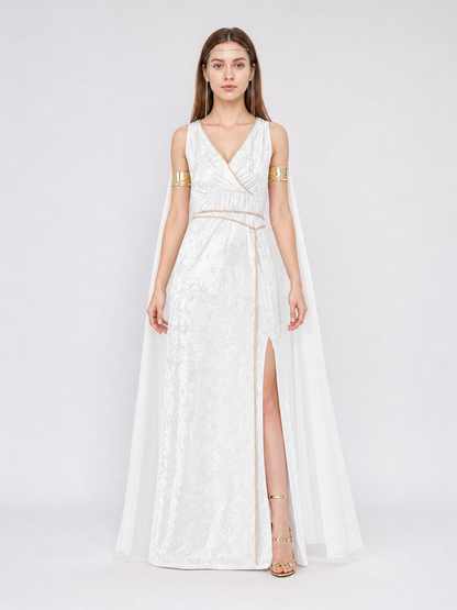 White long Greek-style dress with a high slit