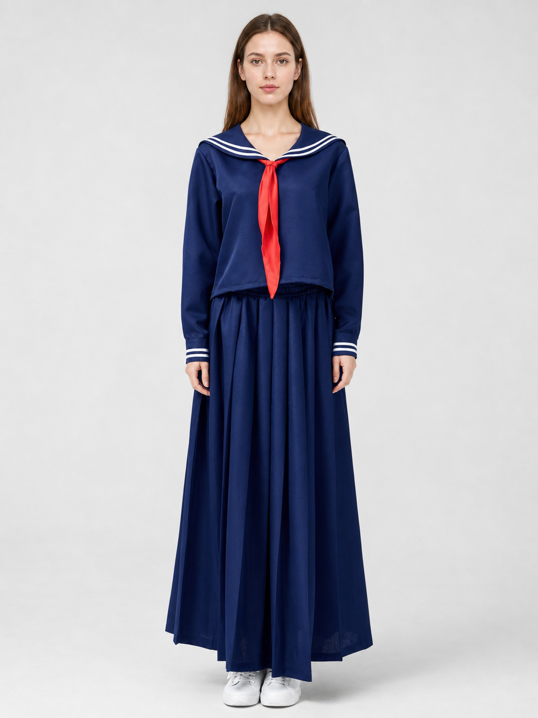 Sailor-style costume with a long pleated skirt