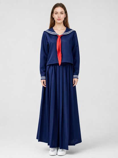 Sailor-style costume with a long pleated skirt