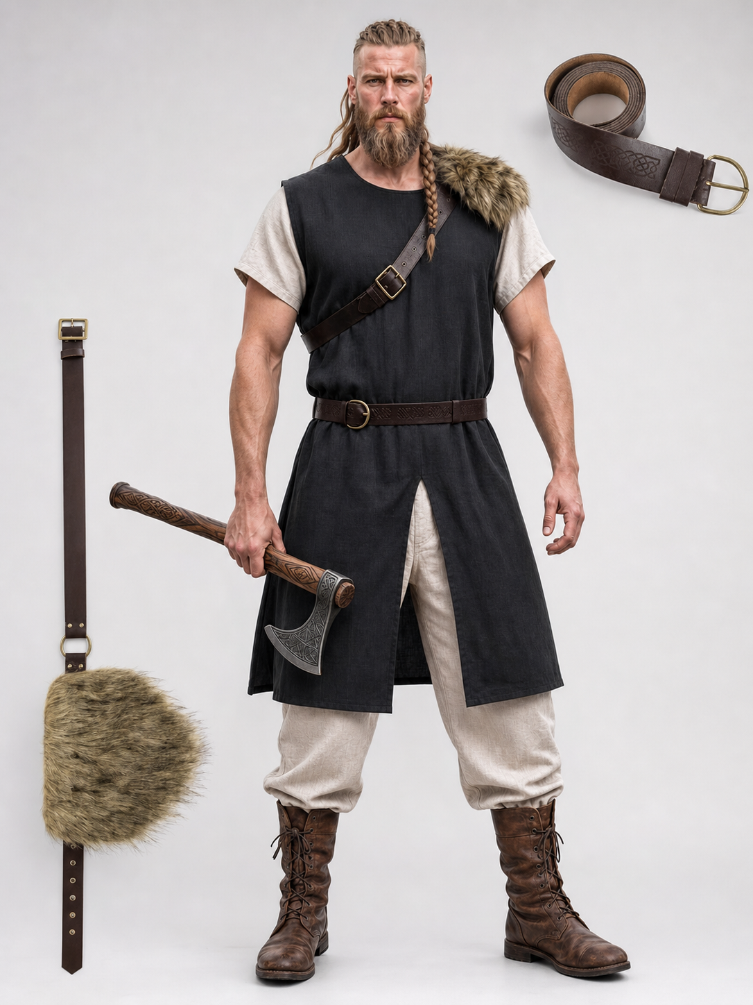 Black Sleeveless Tunic with Fur Trim and Belt