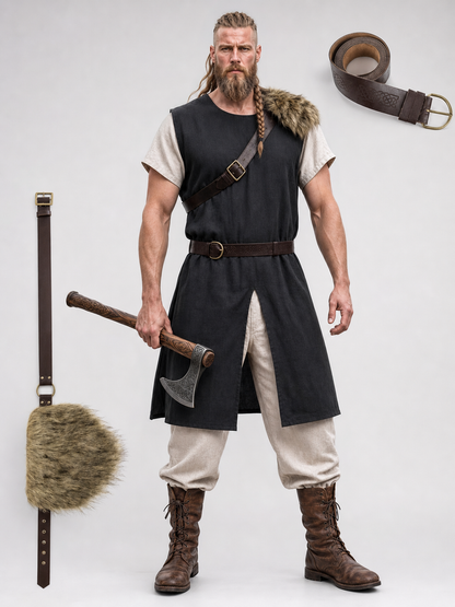 Black Sleeveless Tunic with Fur Trim and Belt