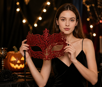 Woman in a black dress holding a red glitter filigree masquerade mask in front of her face