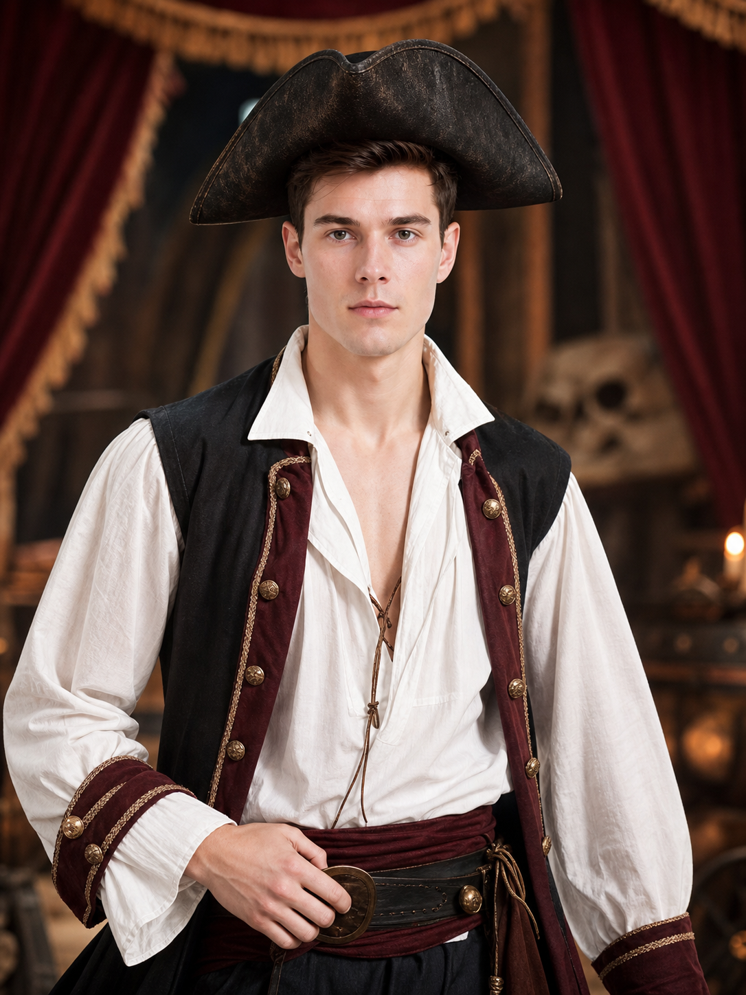 Pirate Tricorn Hat, Three-Cornered Costume Hat With Wide Curved Brim, Dark Gold Pattern And Stitched Edge For Cosplay Parties